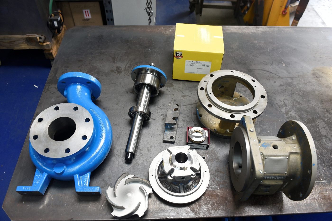 New blue casing, Summit shaft kit, blasted impeller and bearing frame laid out ready for build