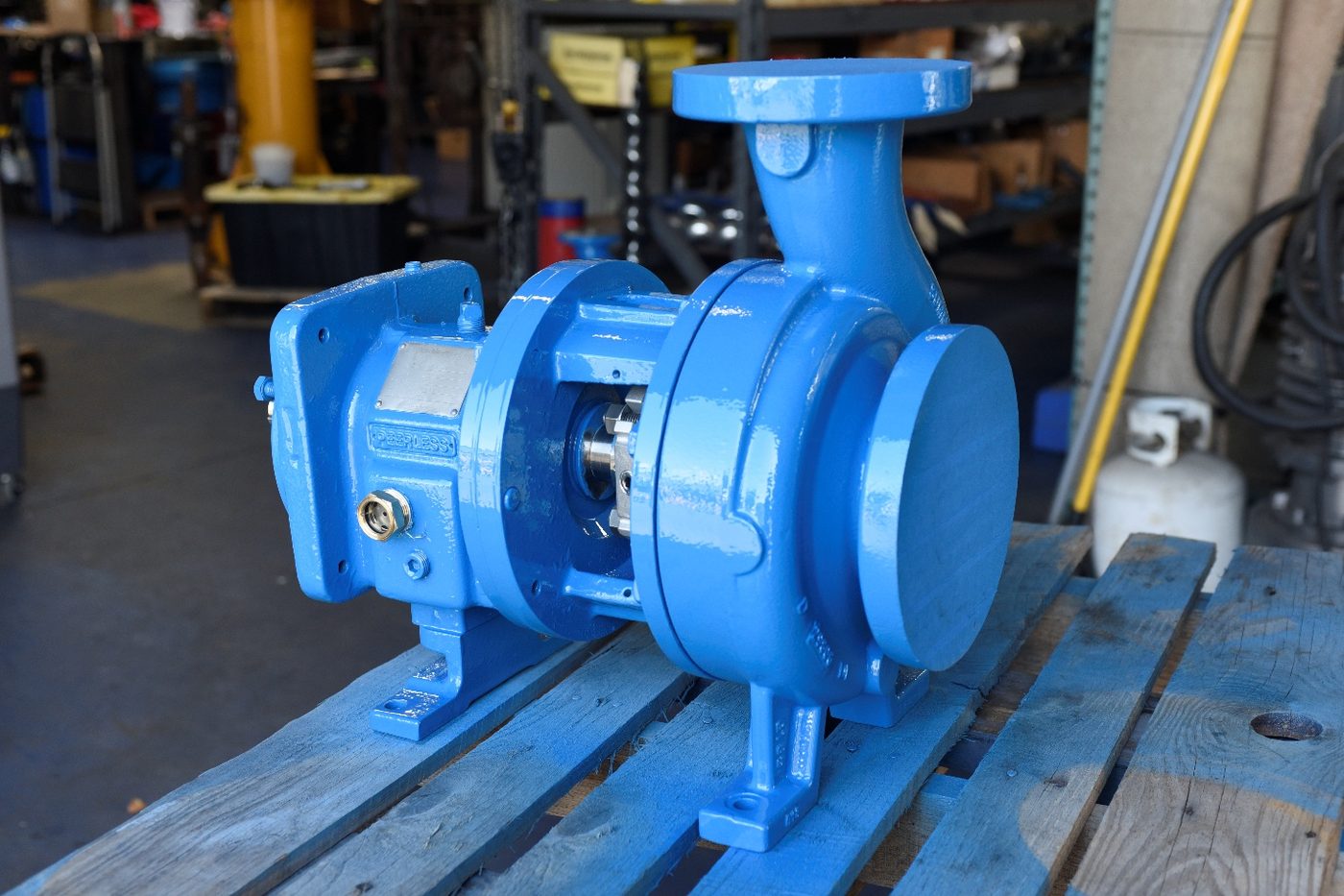 The completed Peerless 8196 rebuild, freshly painted blue and crated for delivery